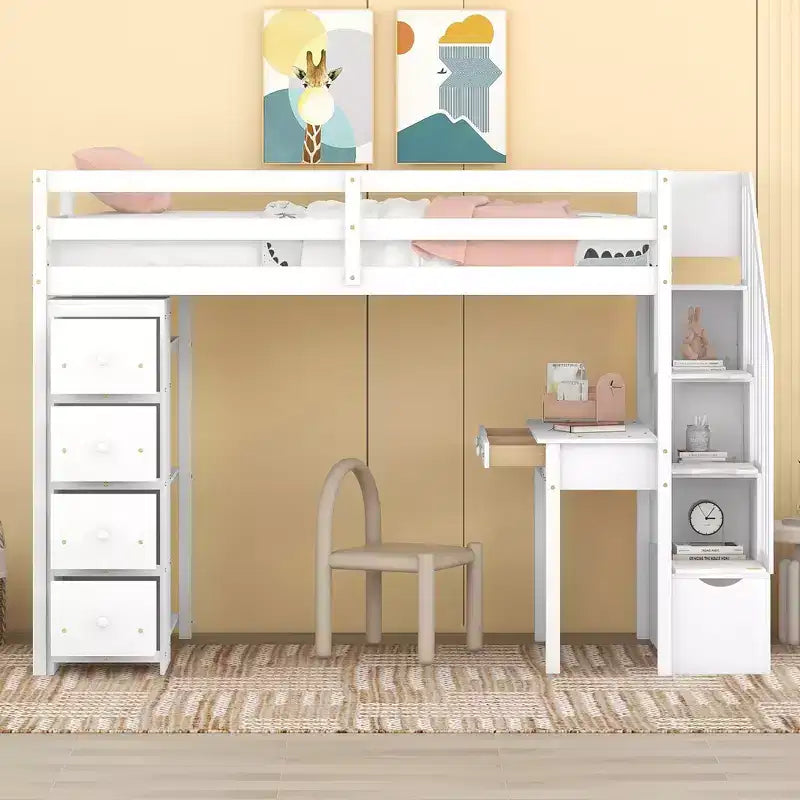 Twin Size Loft Bed with Desk and Stairs, Wooden High Loft Bed with Drawers and Shelves for Kids Teens