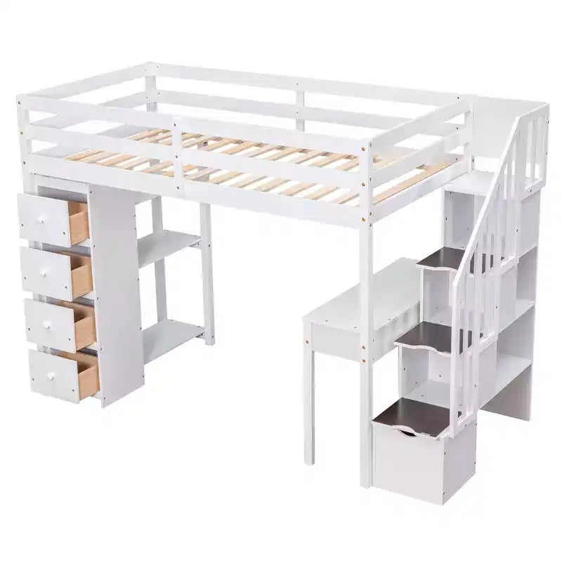 Twin Size Loft Bed with Desk and Stairs, Wooden High Loft Bed with Drawers and Shelves for Kids Teens