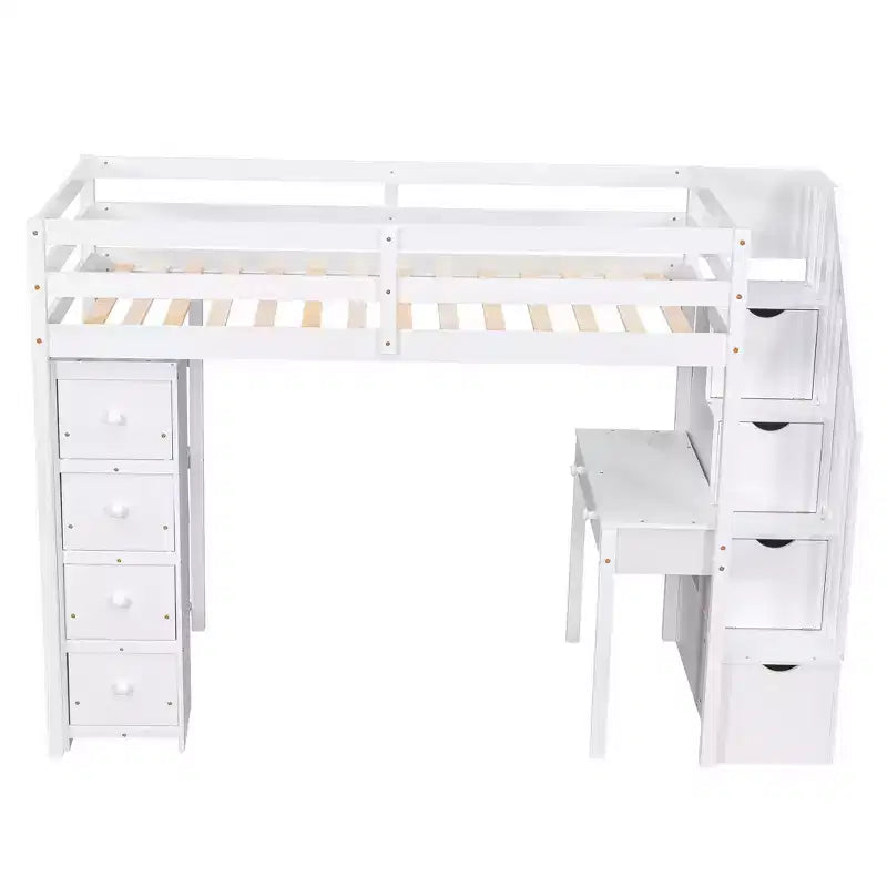 Twin Size Loft Bed with Desk and Stairs, Wooden High Loft Bed with Drawers and Shelves for Kids Teens