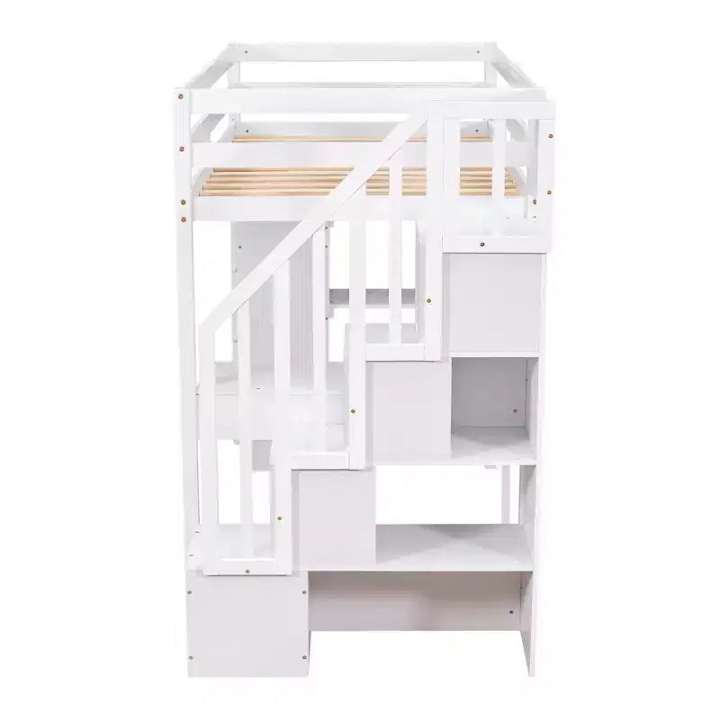 Twin Size Loft Bed with Desk and Stairs, Wooden High Loft Bed with Drawers and Shelves for Kids Teens