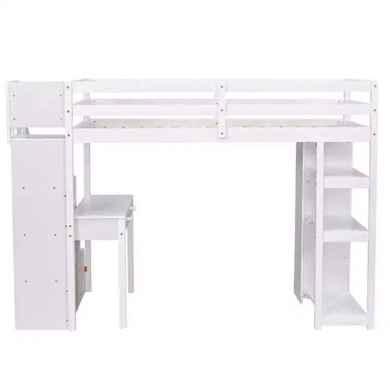 Twin Size Loft Bed with Desk and Stairs, Wooden High Loft Bed with Drawers and Shelves for Kids Teens