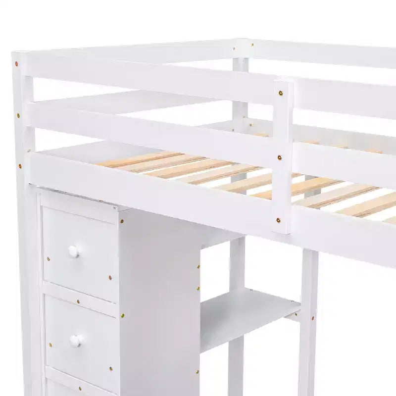 Twin Size Loft Bed with Desk and Stairs, Wooden High Loft Bed with Drawers and Shelves for Kids Teens