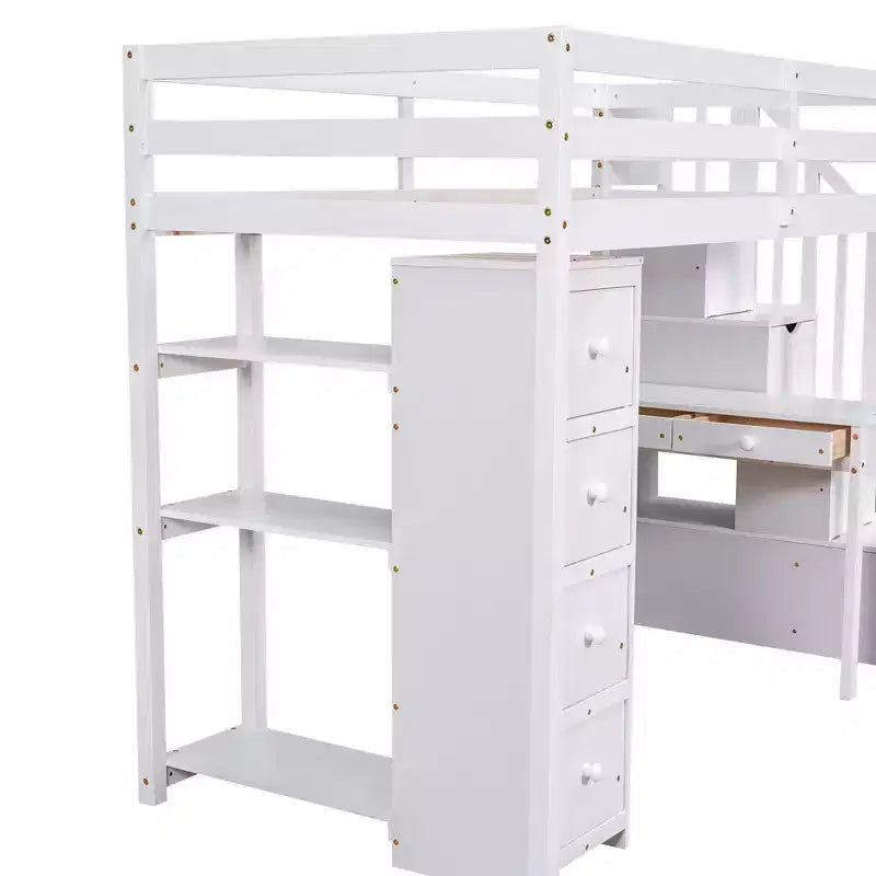 Twin Size Loft Bed with Desk and Stairs, Wooden High Loft Bed with Drawers and Shelves for Kids Teens