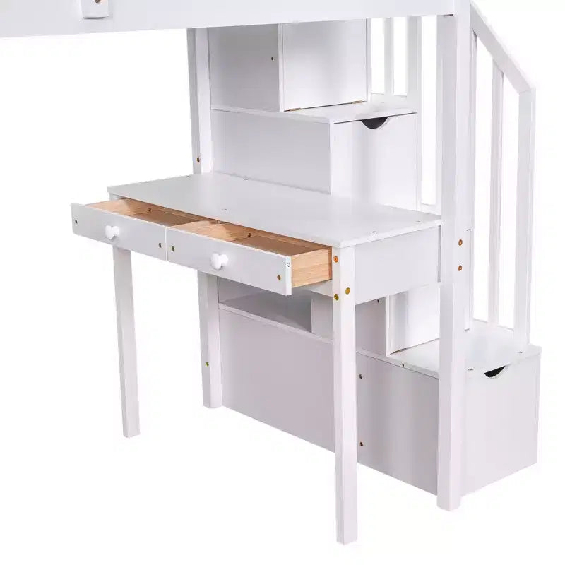 Twin Size Loft Bed with Desk and Stairs, Wooden High Loft Bed with Drawers and Shelves for Kids Teens
