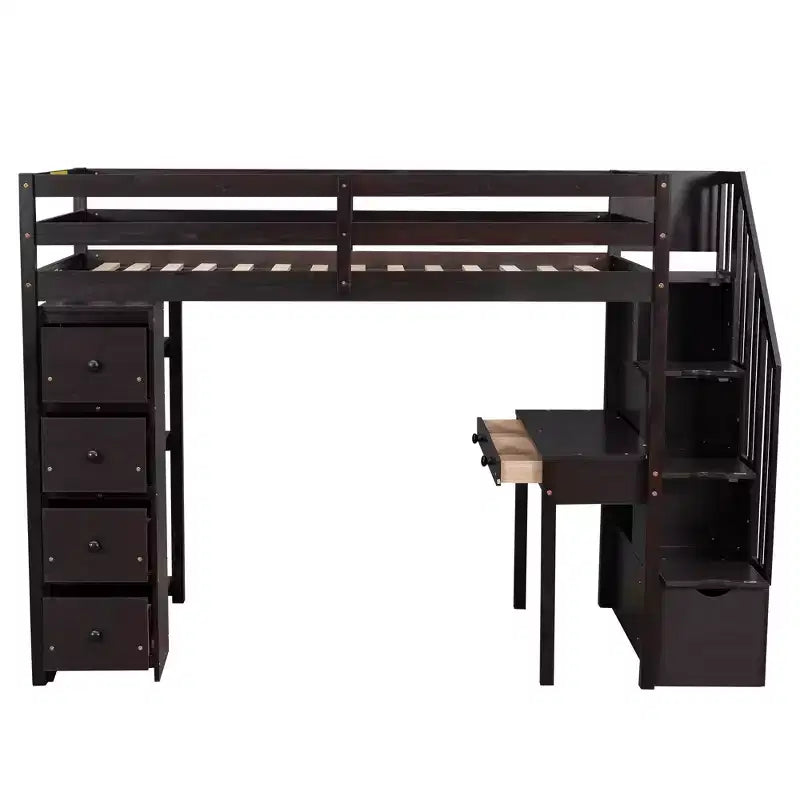Twin Size Loft Bed with Desk and Stairs, Wooden High Loft Bed with Drawers and Shelves for Kids Teens