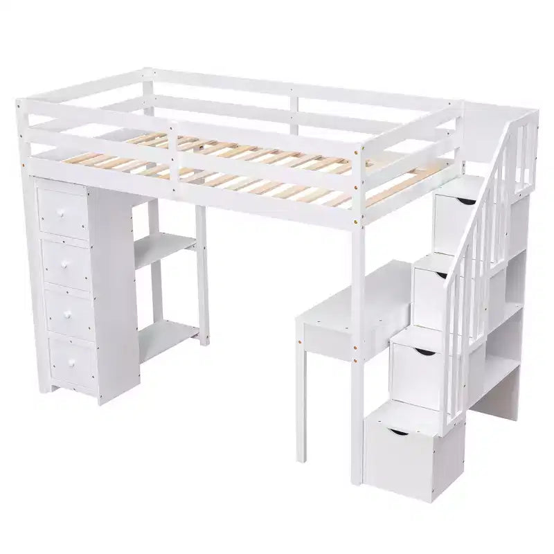Twin Size Loft Bed with Desk and Stairs, Wooden High Loft Bed with Drawers and Shelves for Kids Teens
