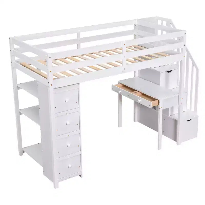 Twin Size Loft Bed with Desk and Stairs, Wooden High Loft Bed with Drawers and Shelves for Kids Teens