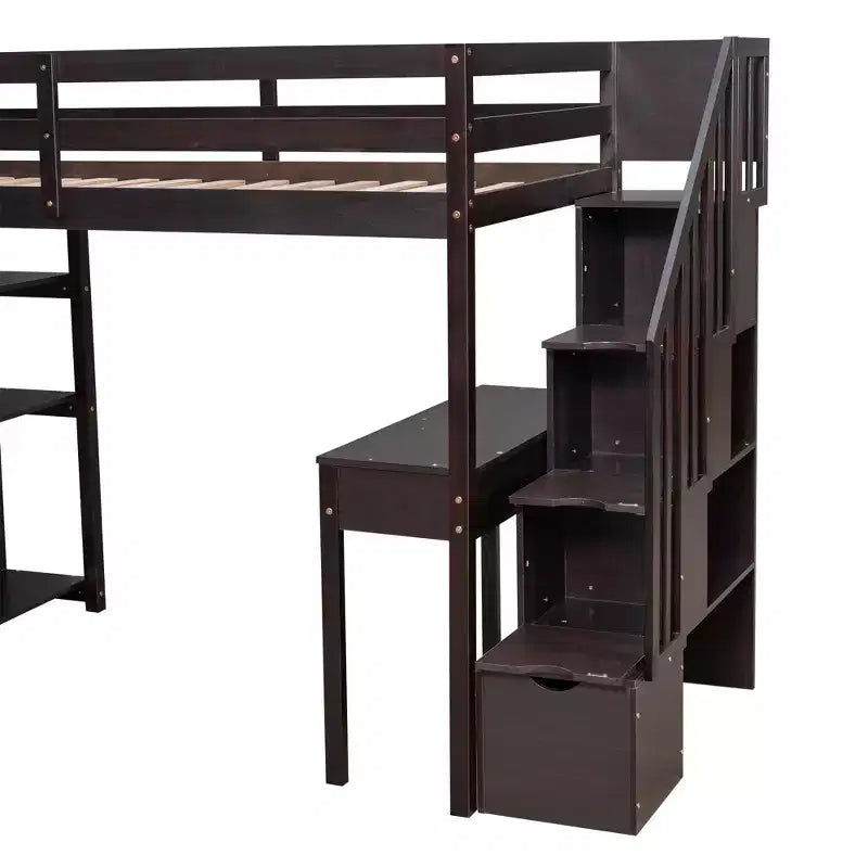 Twin Size Loft Bed with Desk and Stairs, Wooden High Loft Bed with Drawers and Shelves for Kids Teens