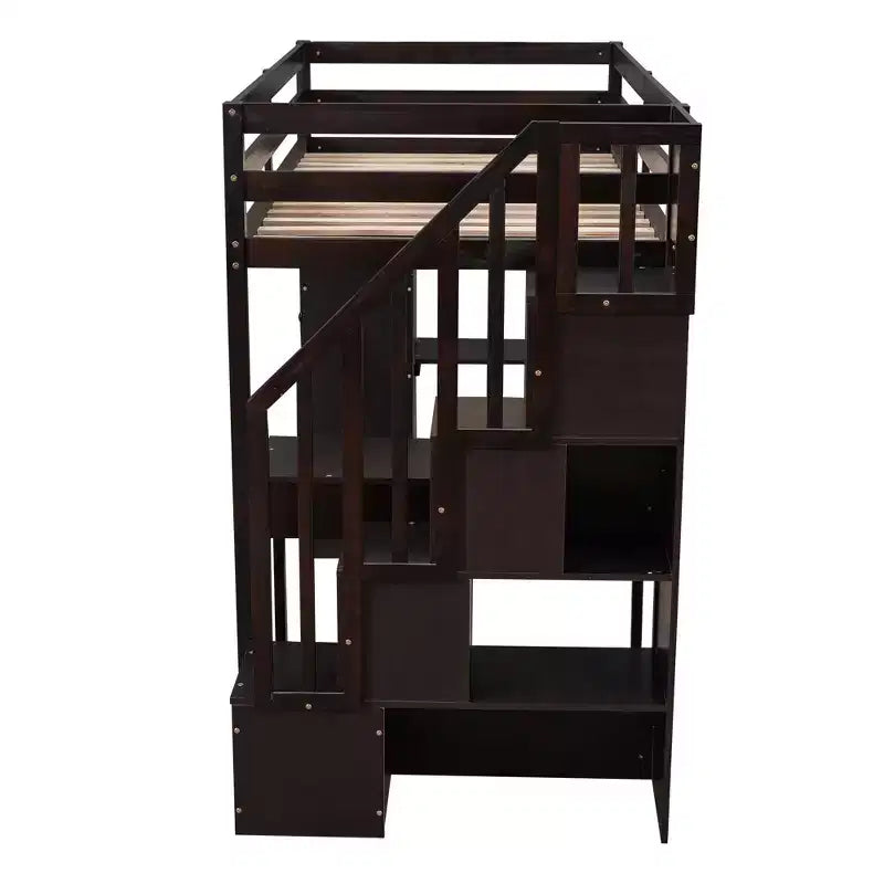 Twin Size Loft Bed with Desk and Stairs, Wooden High Loft Bed with Drawers and Shelves for Kids Teens