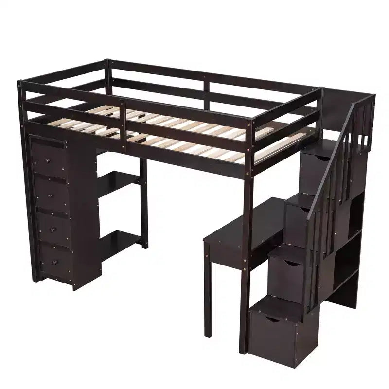 Twin Size Loft Bed with Desk and Stairs, Wooden High Loft Bed with Drawers and Shelves for Kids Teens