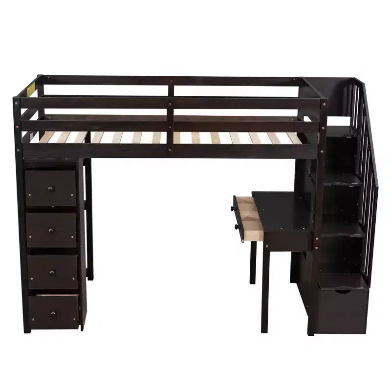 Twin Size Loft Bed with Desk and Stairs, Wooden High Loft Bed with Drawers and Shelves for Kids Teens