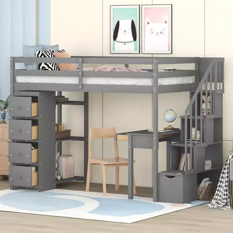 Twin Size Loft Bed with Desk and Stairs, Wooden High Loft Bed with Drawers and Shelves for Kids Teens