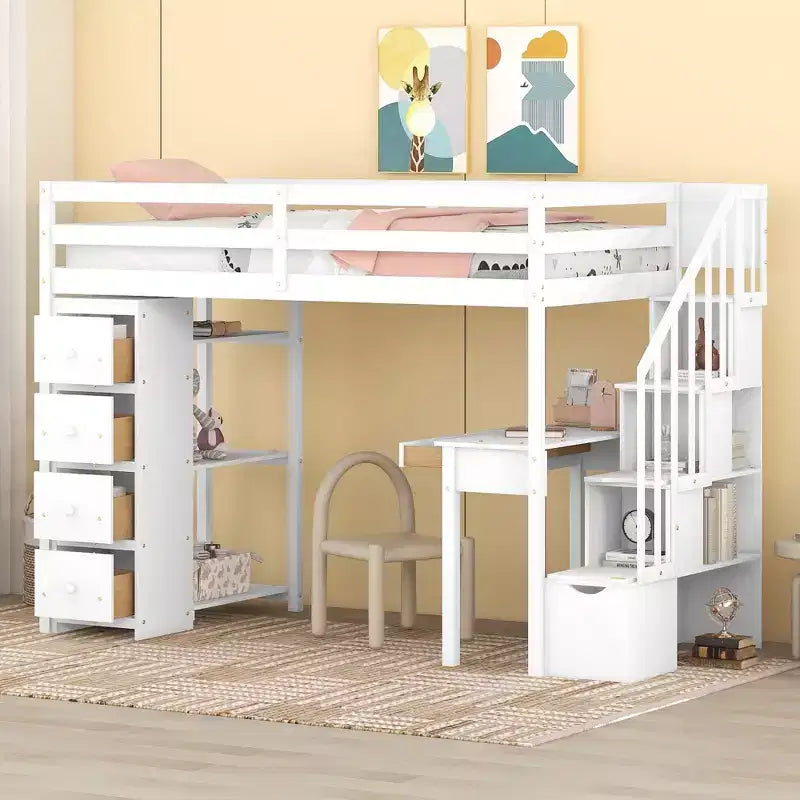 Twin Size Loft Bed with Desk and Stairs, Wooden High Loft Bed with Drawers and Shelves for Kids Teens