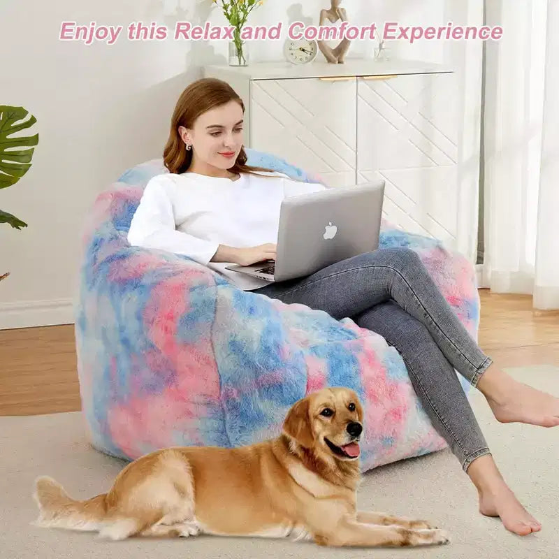 Bean Bag Chair Faux Fur with Shredded Foam - Cozy L-Shaped Lounger, Blue