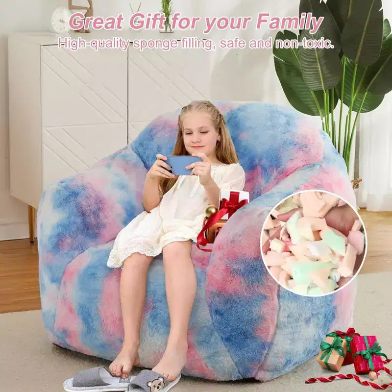 Bean Bag Chair Faux Fur with Shredded Foam - Cozy L-Shaped Lounger, Blue