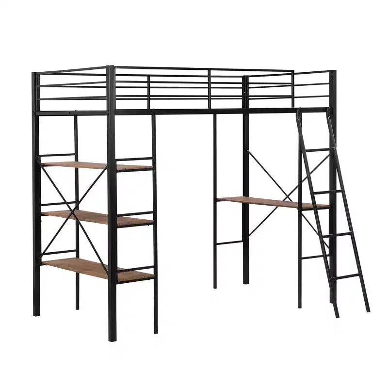 Twin Size Metal Loft Bed with Storage Shelves and Built-in Desk, Black