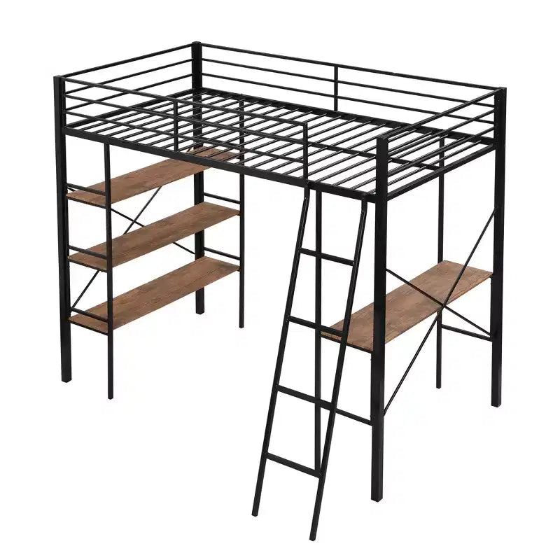 Twin Size Metal Loft Bed with Storage Shelves and Built-in Desk, Black