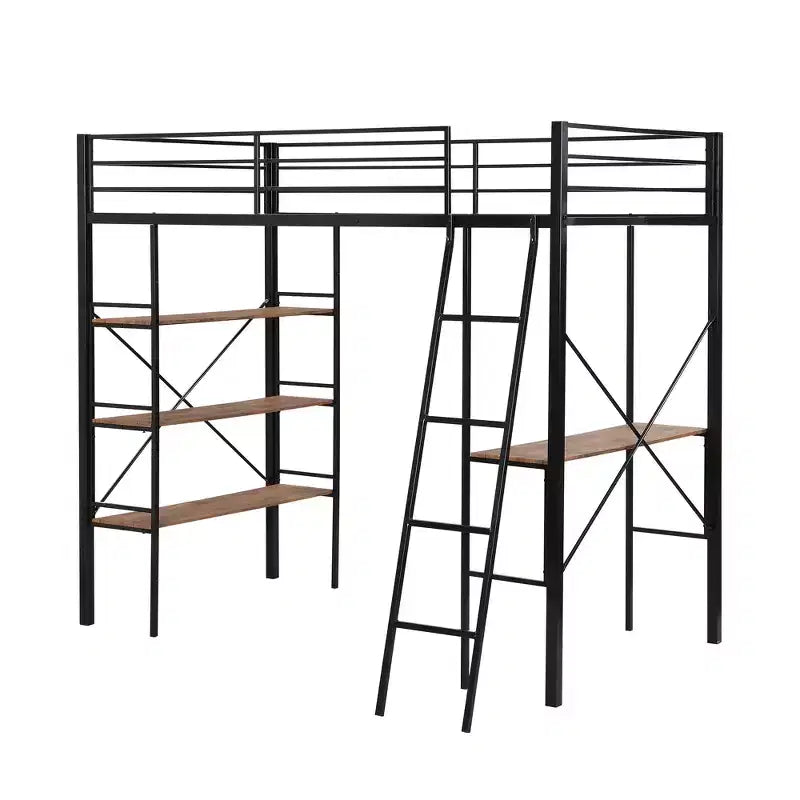 Twin Size Metal Loft Bed with Storage Shelves and Built-in Desk, Black
