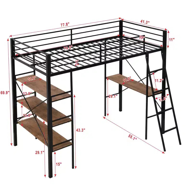 Twin Size Metal Loft Bed with Storage Shelves and Built-in Desk, Black
