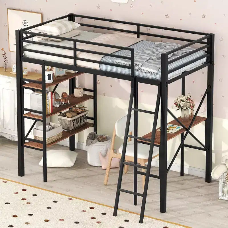 Twin Size Metal Loft Bed with Storage Shelves and Built-in Desk, Black