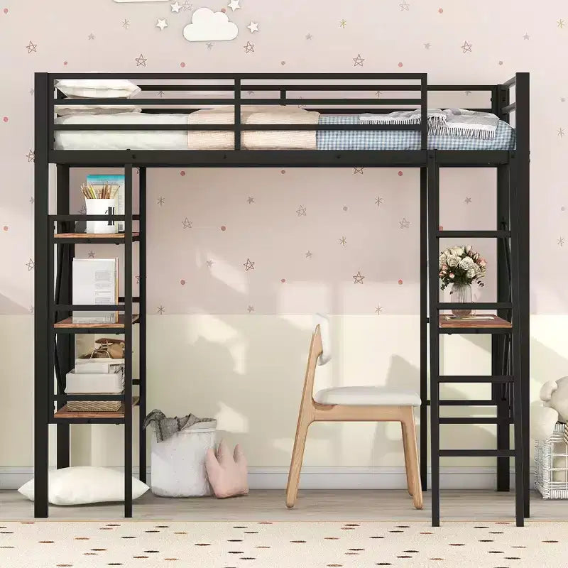 Twin Size Metal Loft Bed with Storage Shelves and Built-in Desk, Black