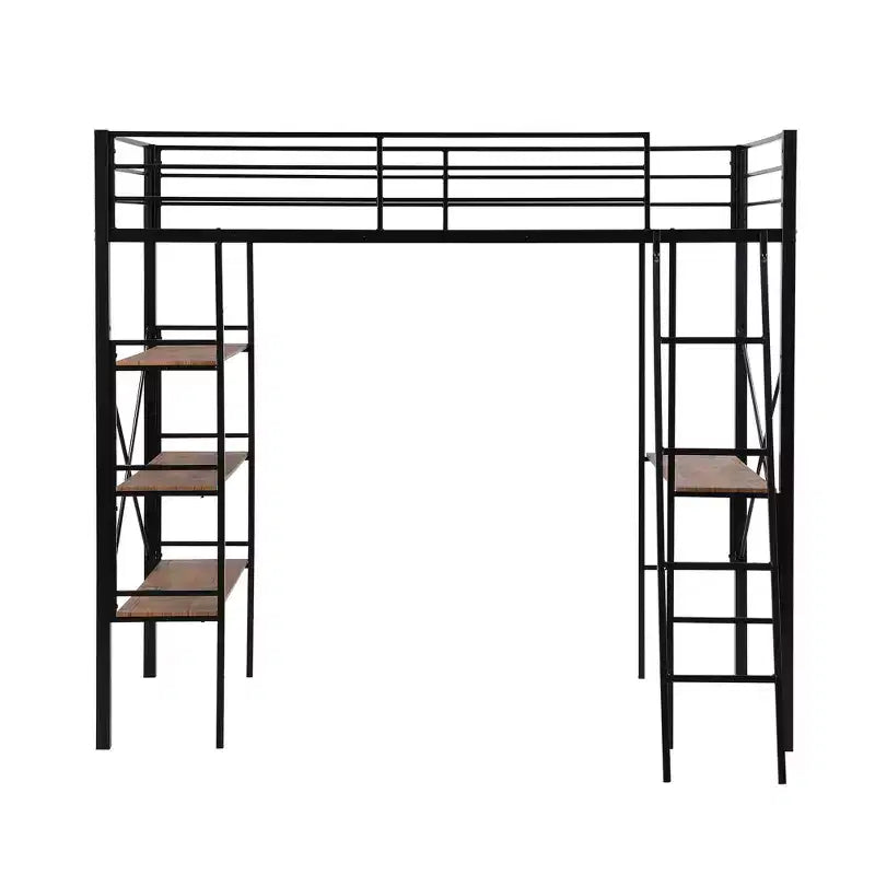 Twin Size Metal Loft Bed with Storage Shelves and Built-in Desk, Black