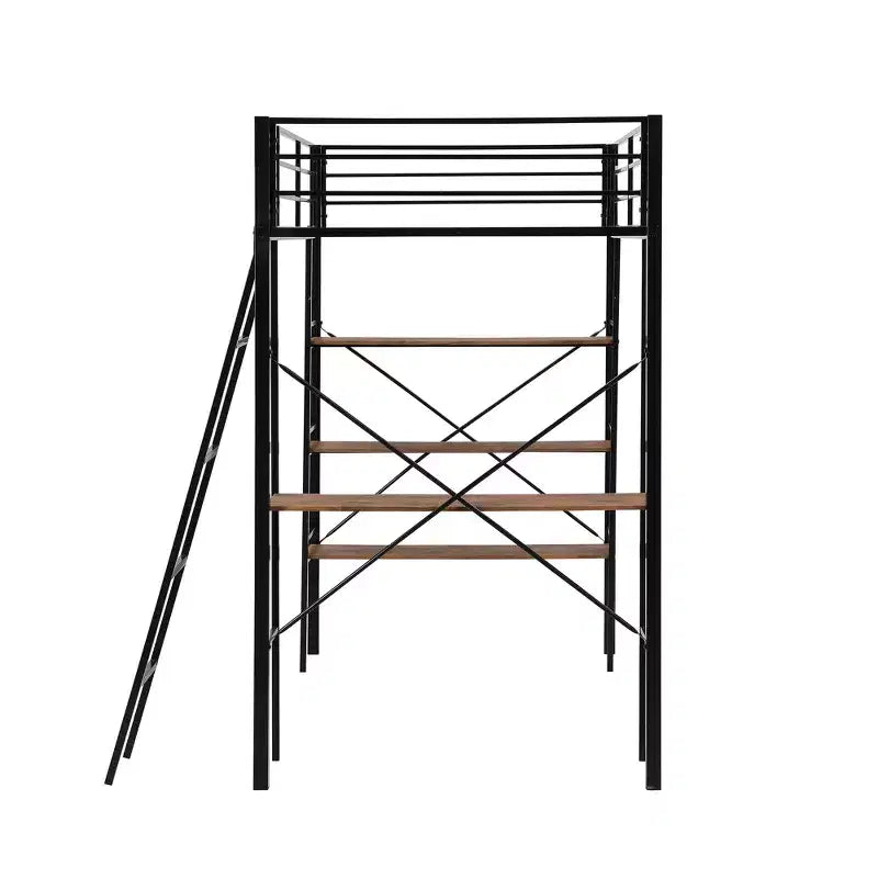 Twin Size Metal Loft Bed with Storage Shelves and Built-in Desk, Black