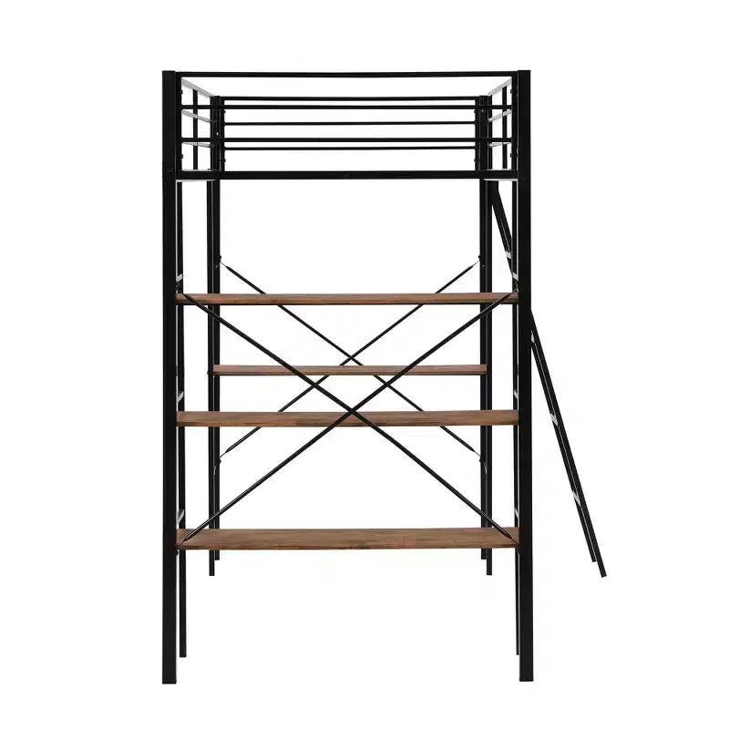 Twin Size Metal Loft Bed with Storage Shelves and Built-in Desk, Black