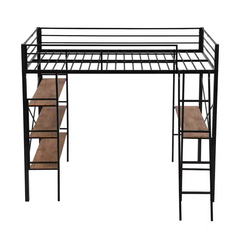 Twin Size Metal Loft Bed with Storage Shelves and Built-in Desk, Black