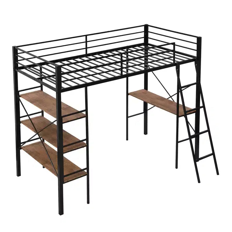 Twin Size Metal Loft Bed with Storage Shelves and Built-in Desk, Black
