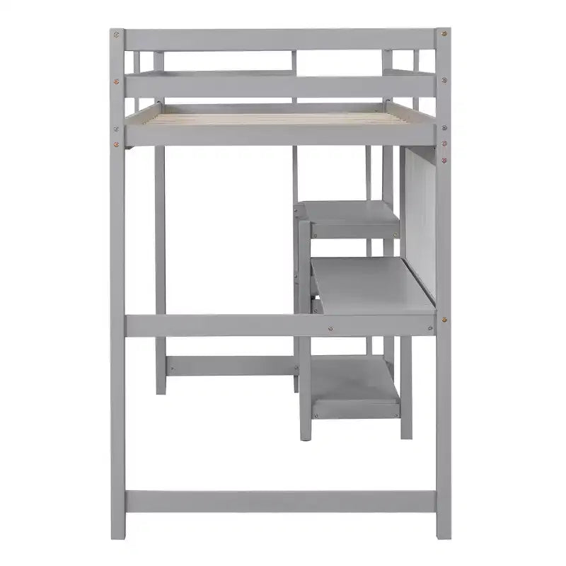 Loft Bed with Desk and Shelves, Wooden Loft Bed Frame with Storage Shelves and Writing Board