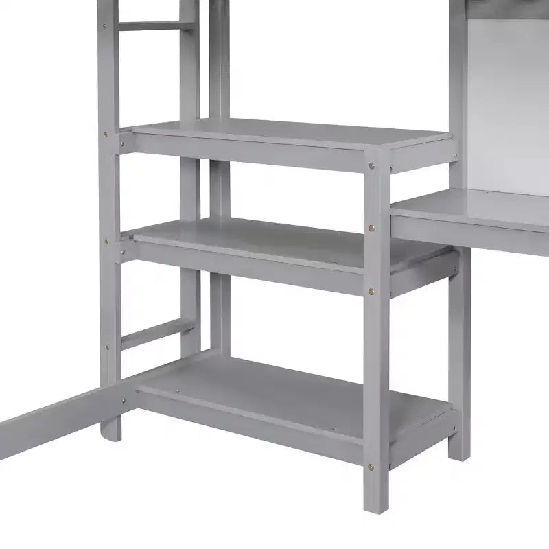 Loft Bed with Desk and Shelves, Wooden Loft Bed Frame with Storage Shelves and Writing Board