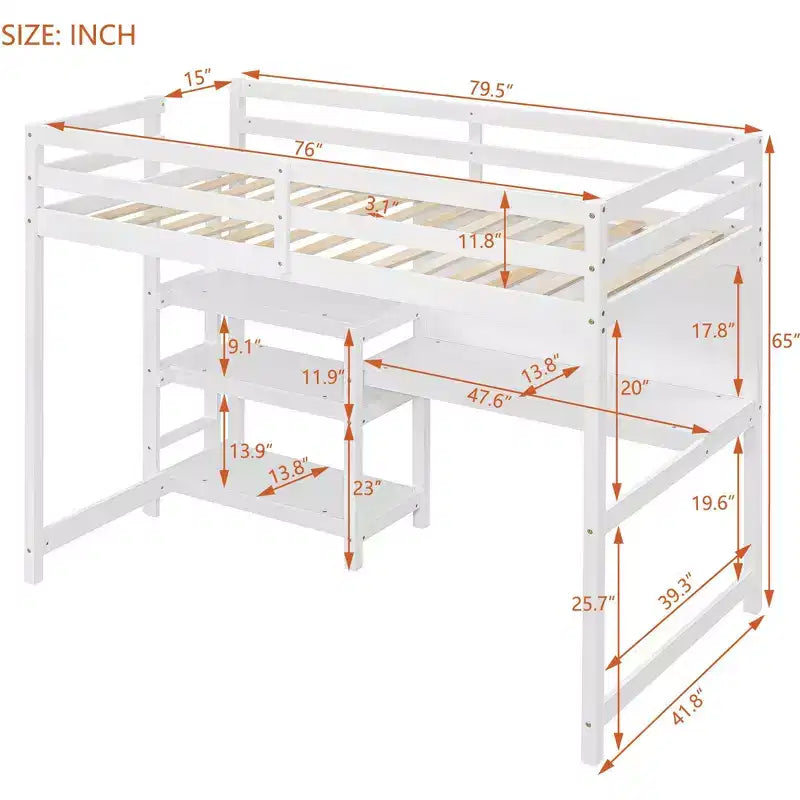 Loft Bed with Desk and Shelves, Wooden Loft Bed Frame with Storage Shelves and Writing Board