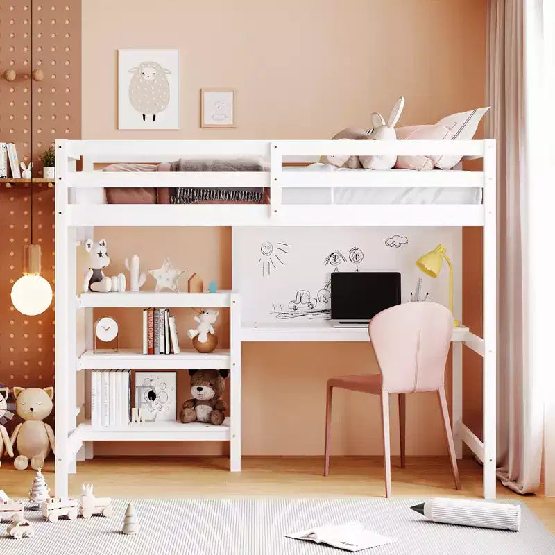 Loft Bed with Desk and Shelves, Wooden Loft Bed Frame with Storage Shelves and Writing Board