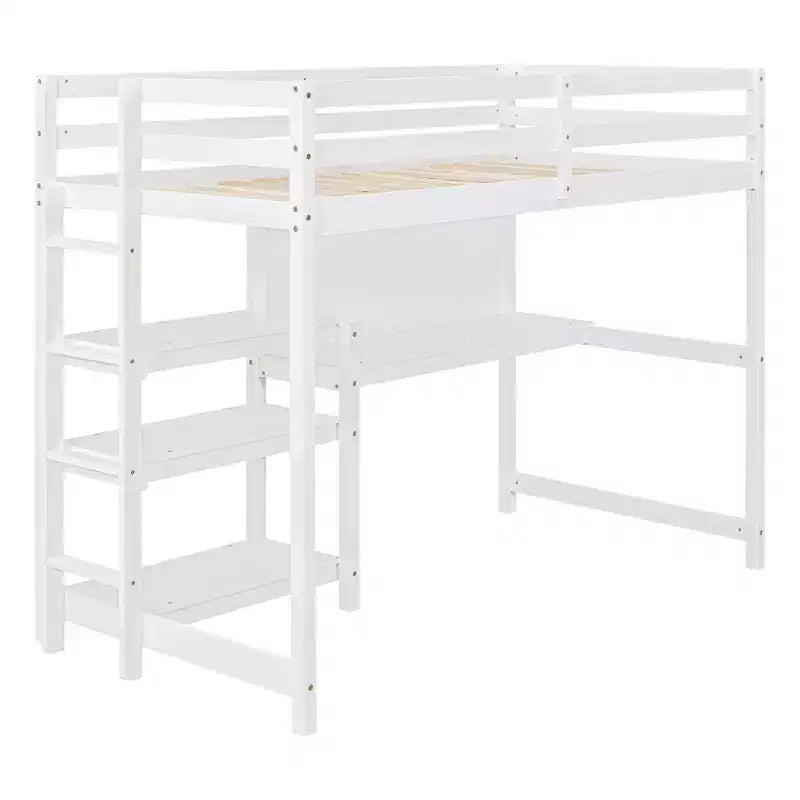 Loft Bed with Desk and Shelves, Wooden Loft Bed Frame with Storage Shelves and Writing Board