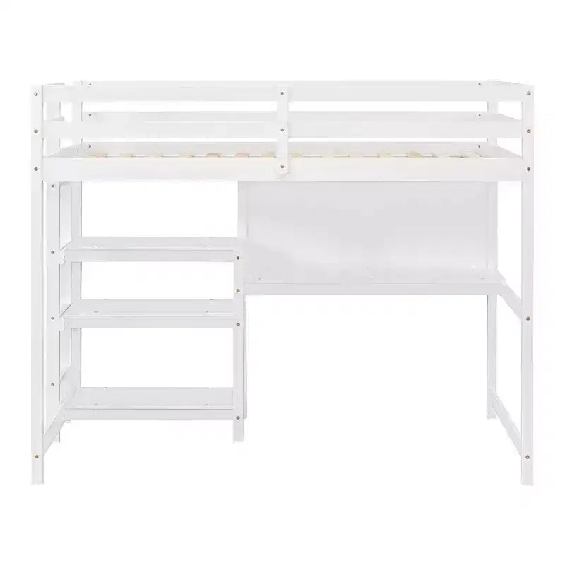 Loft Bed with Desk and Shelves, Wooden Loft Bed Frame with Storage Shelves and Writing Board