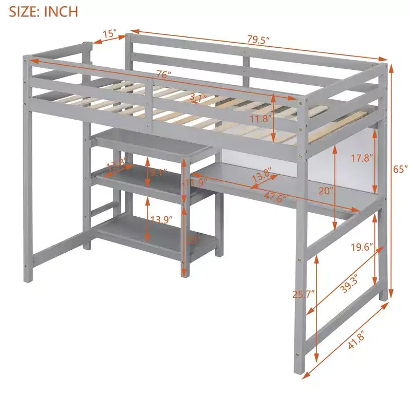 Loft Bed with Desk and Shelves, Wooden Loft Bed Frame with Storage Shelves and Writing Board