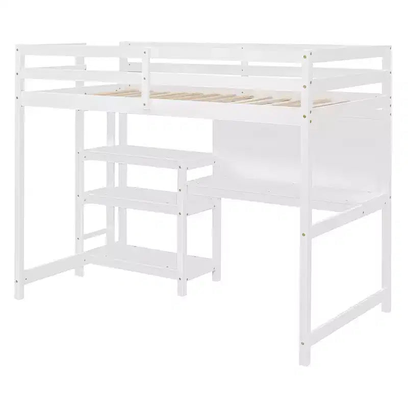 Loft Bed with Desk and Shelves, Wooden Loft Bed Frame with Storage Shelves and Writing Board