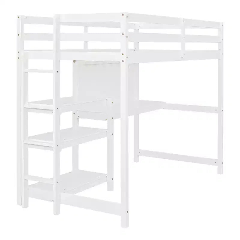 Loft Bed with Desk and Shelves, Wooden Loft Bed Frame with Storage Shelves and Writing Board