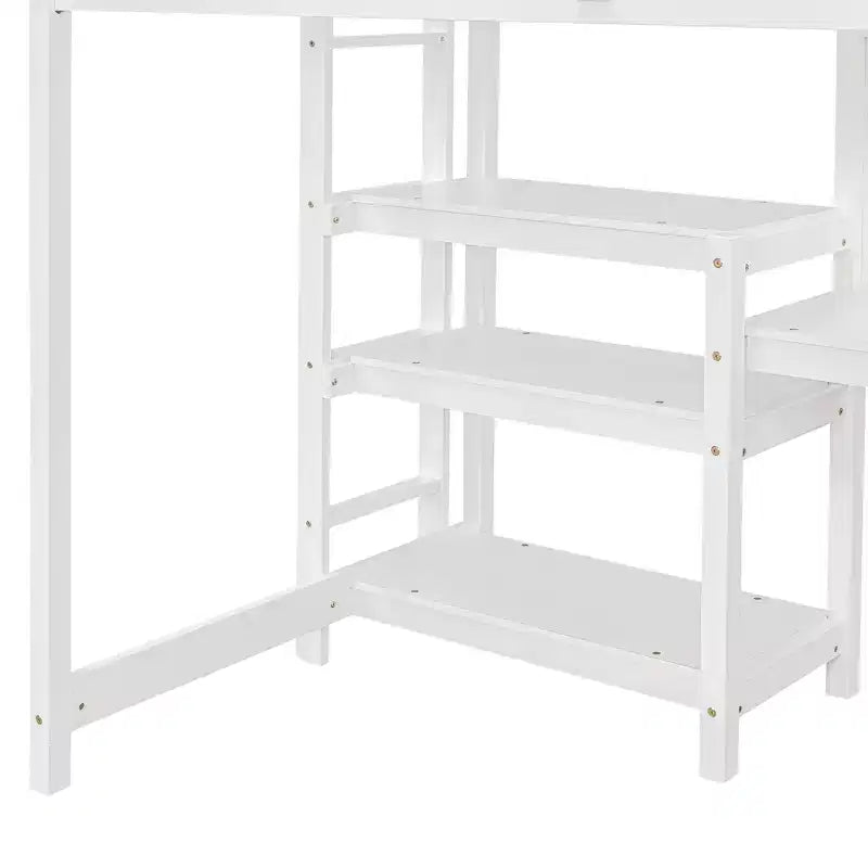 Loft Bed with Desk and Shelves, Wooden Loft Bed Frame with Storage Shelves and Writing Board