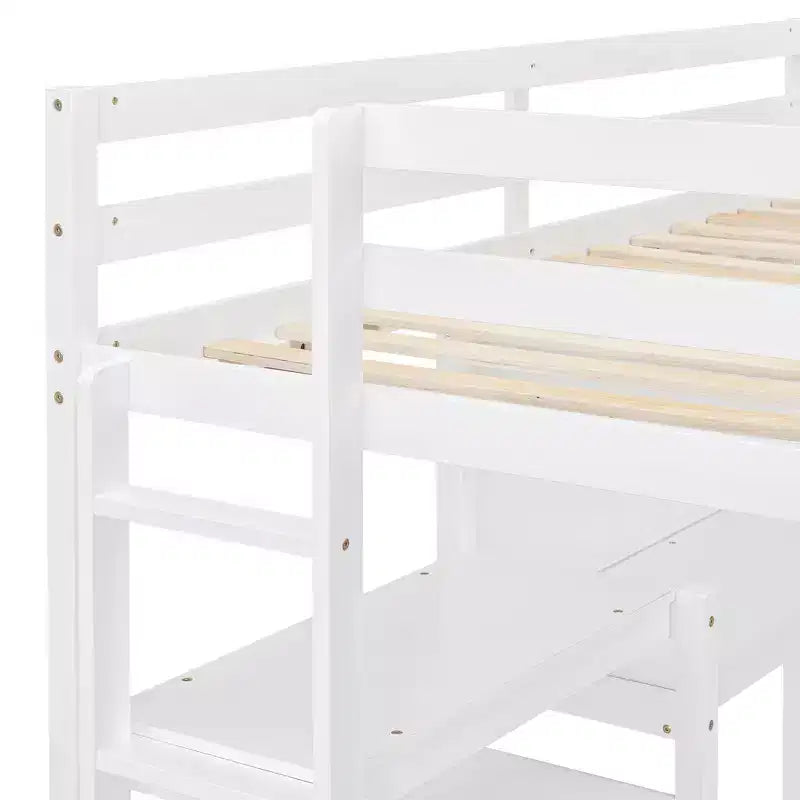 Loft Bed with Desk and Shelves, Wooden Loft Bed Frame with Storage Shelves and Writing Board