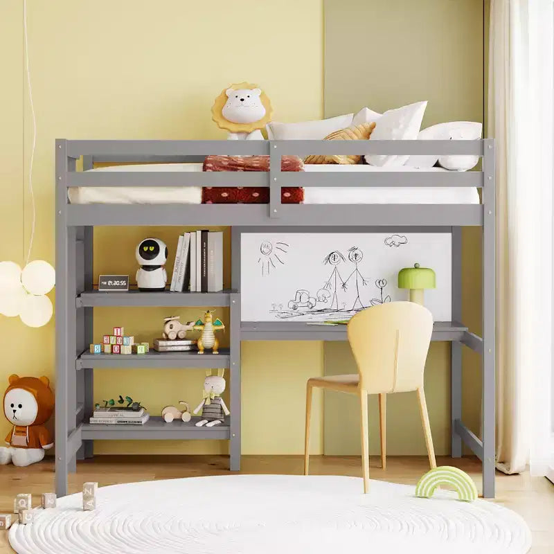 Loft Bed with Desk and Shelves, Wooden Loft Bed Frame with Storage Shelves and Writing Board