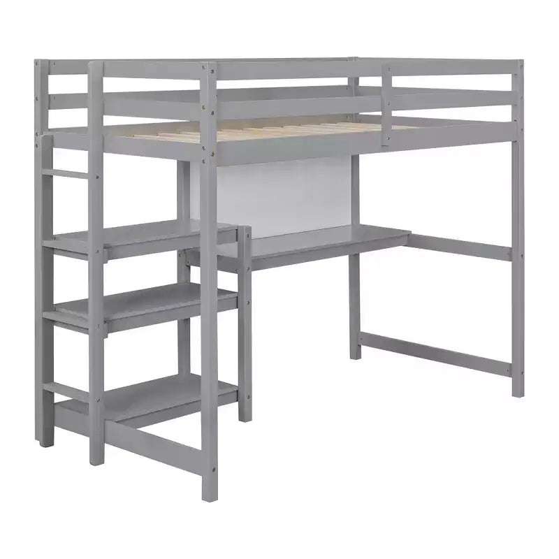 Loft Bed with Desk and Shelves, Wooden Loft Bed Frame with Storage Shelves and Writing Board