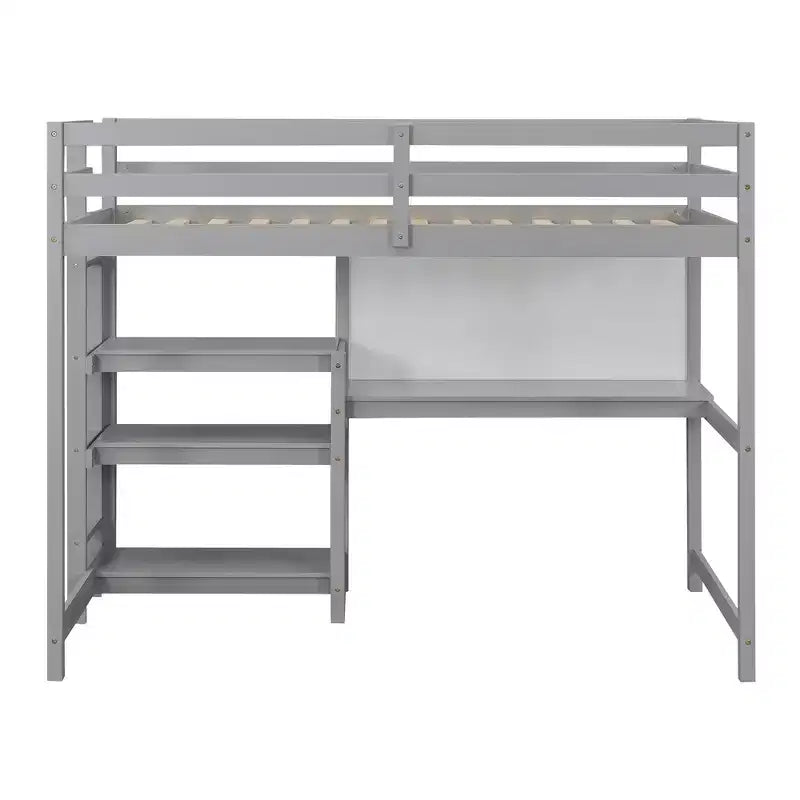 Loft Bed with Desk and Shelves, Wooden Loft Bed Frame with Storage Shelves and Writing Board