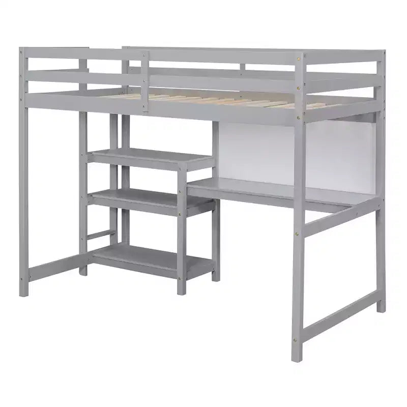 Loft Bed with Desk and Shelves, Wooden Loft Bed Frame with Storage Shelves and Writing Board