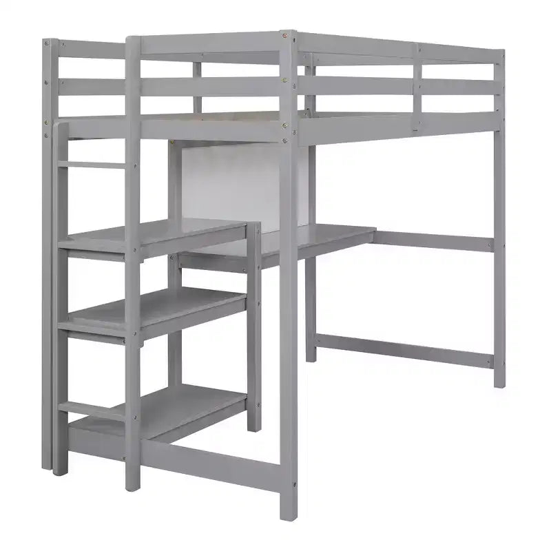 Loft Bed with Desk and Shelves, Wooden Loft Bed Frame with Storage Shelves and Writing Board
