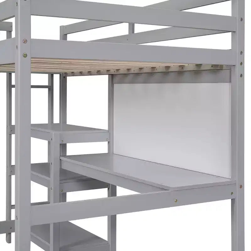 Loft Bed with Desk and Shelves, Wooden Loft Bed Frame with Storage Shelves and Writing Board