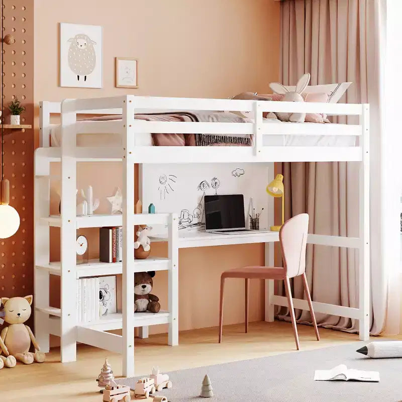 Loft Bed with Desk and Shelves, Wooden Loft Bed Frame with Storage Shelves and Writing Board