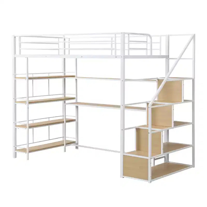 Metal Loft Bed with Storage Staircase and 3-Tier Shelves, Steel Bed Frame with Built-in Desk for Bedroom