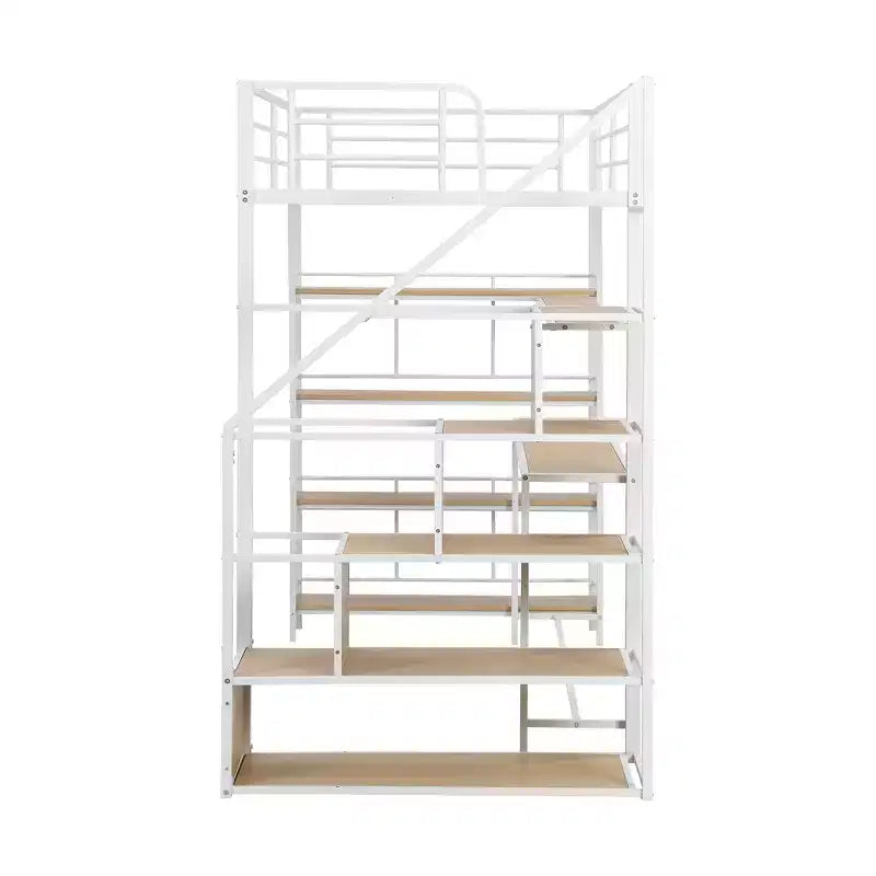 Metal Loft Bed with Storage Staircase and 3-Tier Shelves, Steel Bed Frame with Built-in Desk for Bedroom